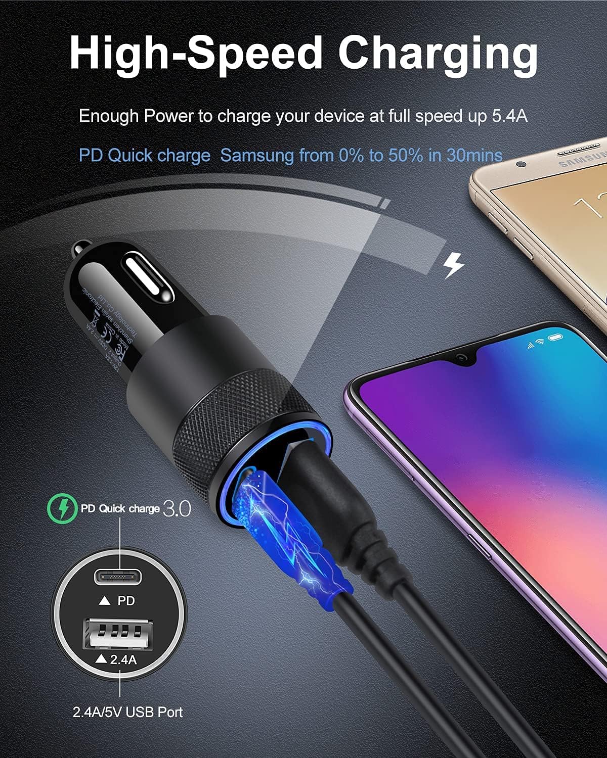 30W PD USB C Car Charger, USB Type C Fast Power Charging Block Dual Port USB A & USBC Plug Cargador Carro Lighter