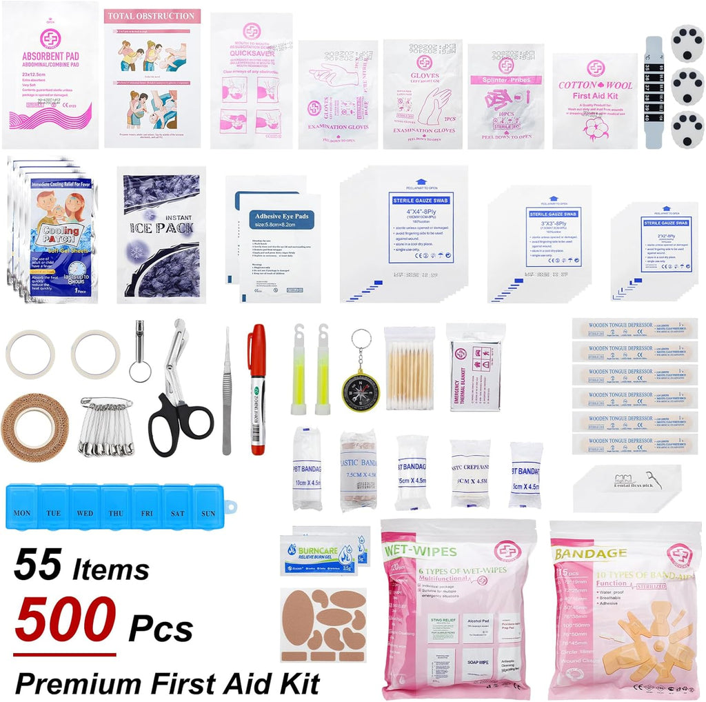 Professional 500 Piece Emergency First Aid Kit for Home, Car, Travel, Camping, Truck, Hiking, Sports, Office, Vehicle