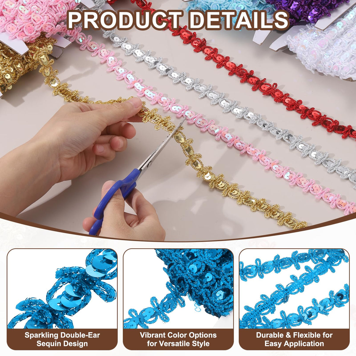 11 Yards Braid Trim 0.8" Sequins Beaded Lace Trim, Lake Blue