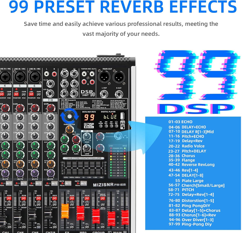8 Channel Audio Mixer Professional Sound Mixing Board with 99 DSP Effects, 7-band EQ Digital DJ Mixer Console w/USB