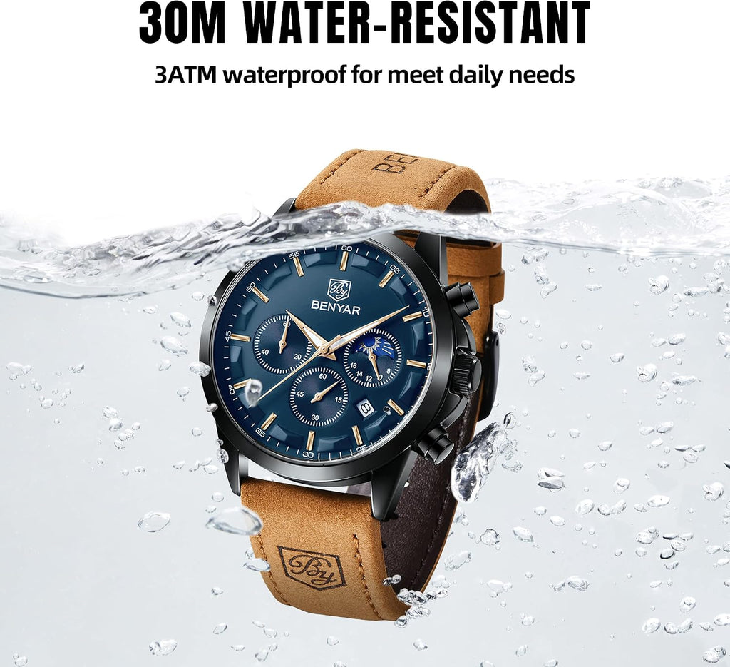 Mens Watch Analog Quartz Movement Chronograph Stylish Casual Wristwatch with Stainless Steel Bracelets Waterproof