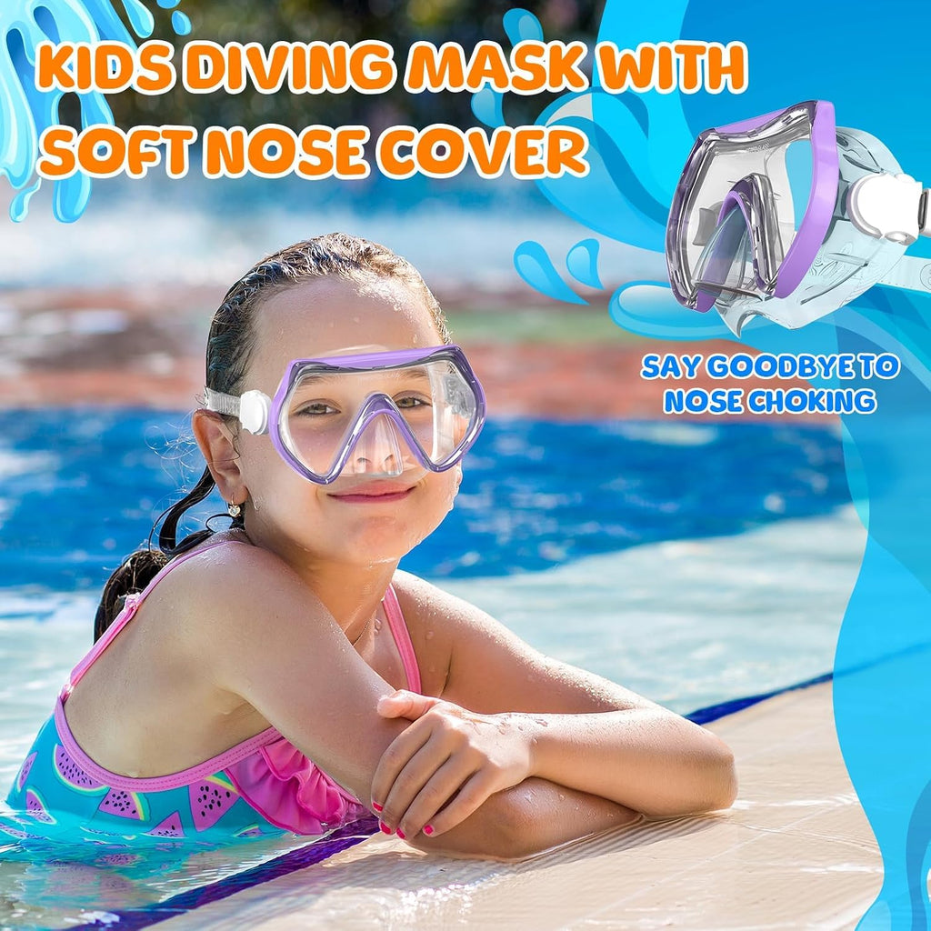 Kids Swim Goggles, Swimming Snorkel Diving Mask with Nose Cover for Youth 6-14 Tempered-Glass Panoramic View