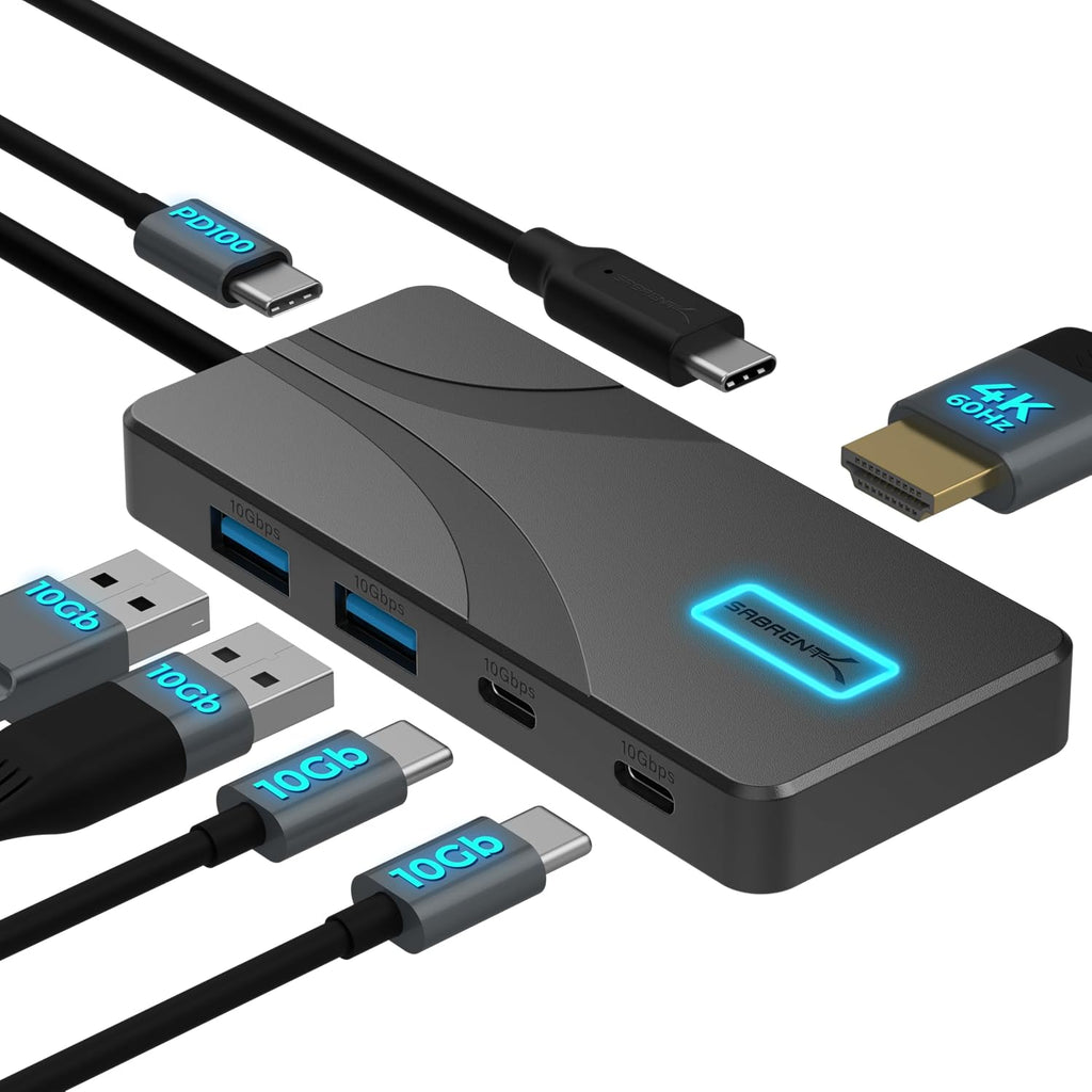 5-in-1 USB-C Hub, 10Gbps, 4K HDMI, 80W Laptop Charging (HB-TG5P) | Powered USB-C Hub, Single HDMI - 1 display max