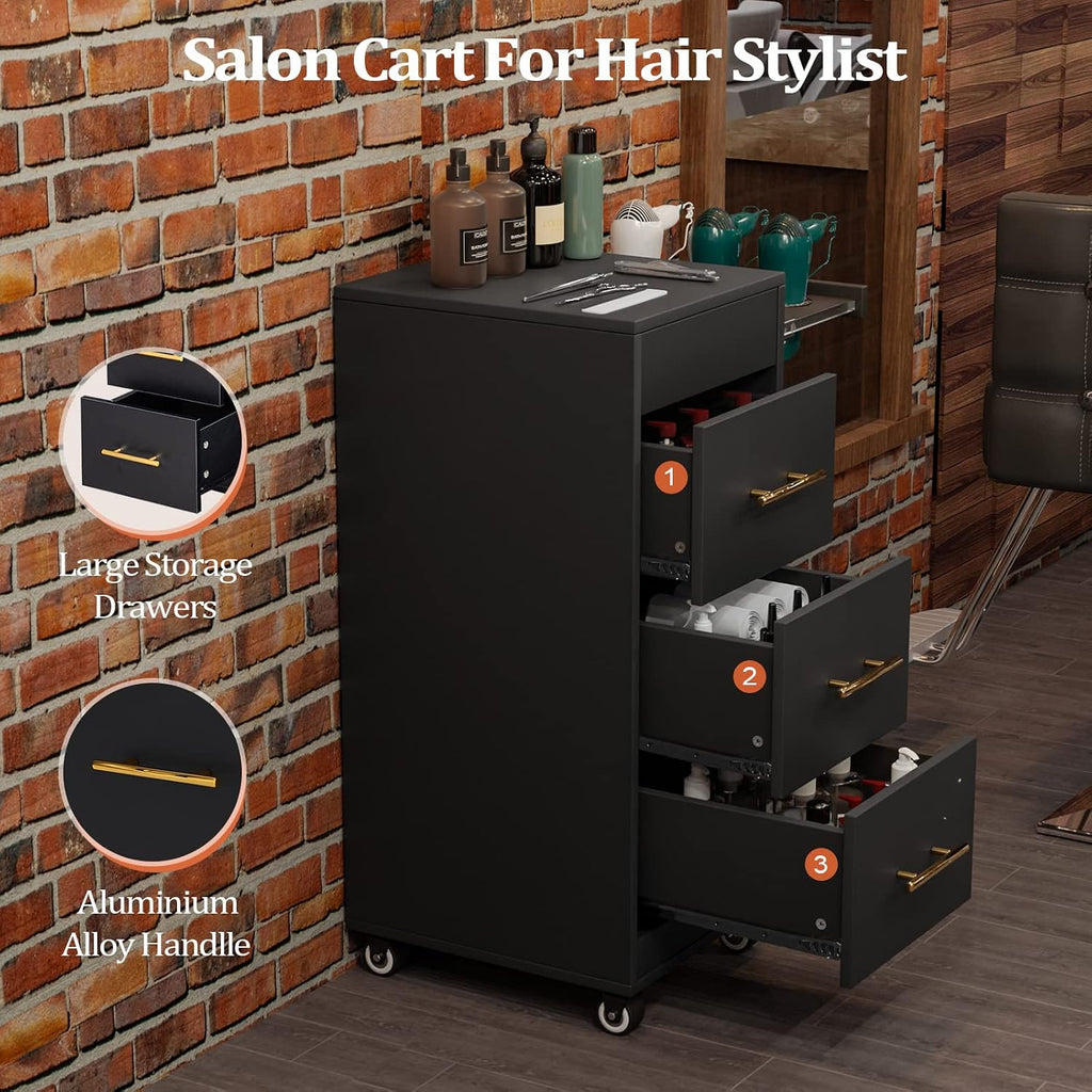 Salon Trolley Cart with Wheels, Wooden Hair Storage Cabinet, Stylist Cart Mobile Hairdressing Barber Station for