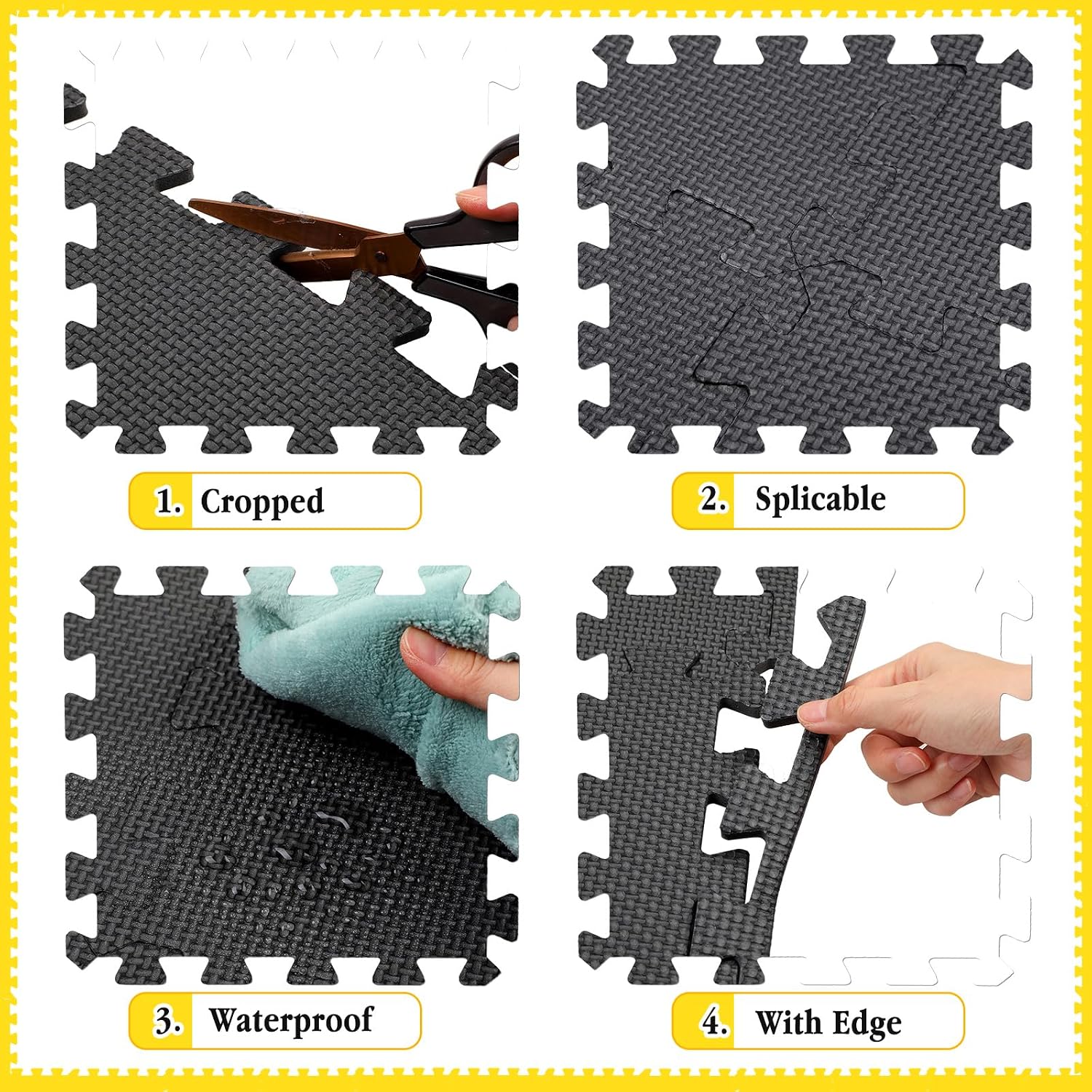 60 PCS Kids Foam Puzzle Mat,Black | 12 Inch, Solid Color Foam Play Mat Bulk, Multi-Use Floor Rug, with Borders