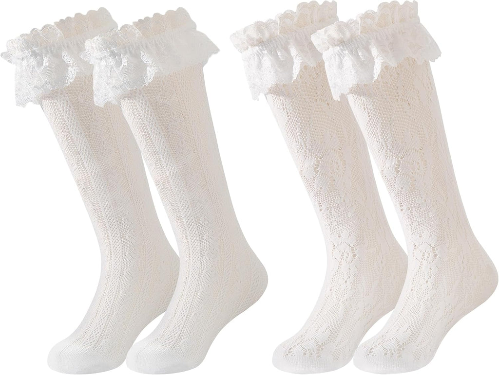 Girls Lace Knee High Socks 2 Pack Sheer Patterned Stockings 5-12Y | Kids Black White Hollow Cute Ruffle Trim Socks