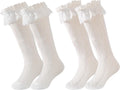Girls Lace Knee High Socks 2 Pack Sheer Patterned Stockings 5-12Y | Kids Black White Hollow Cute Ruffle Trim Socks