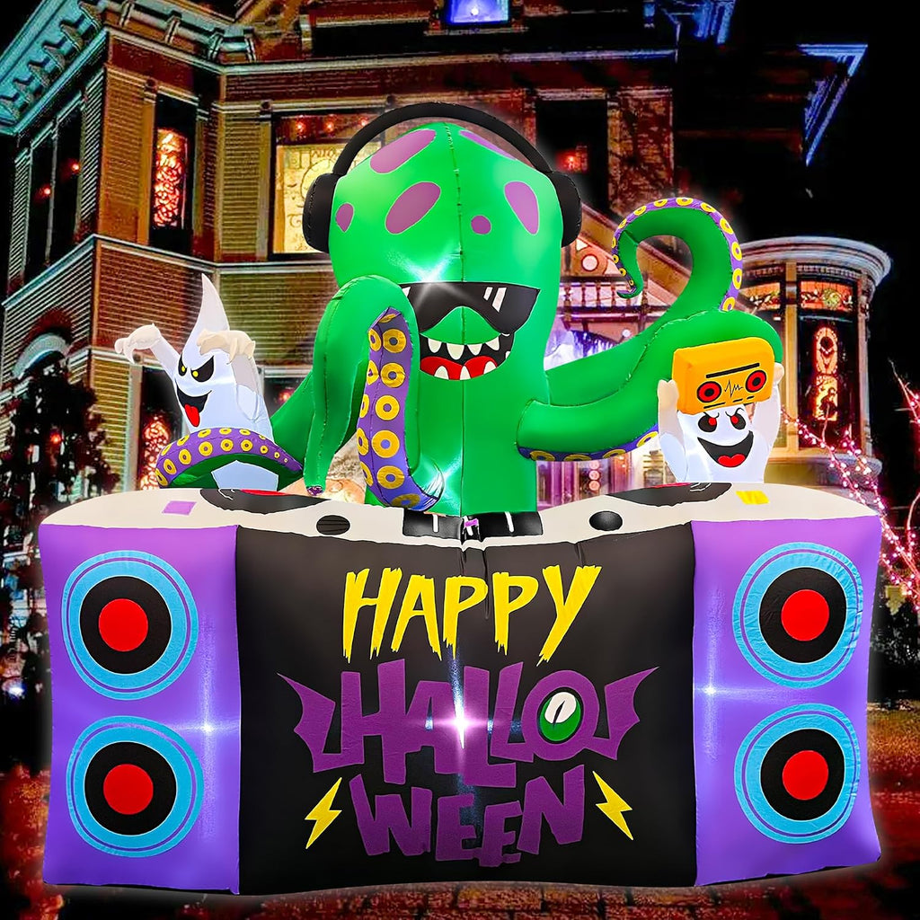 Halloween Inflatables,6FT DJ Octopus Playing Music on Turntables with Ghost Decoration Built-in LEDs Blow Up Yard