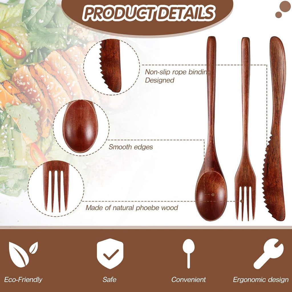 24 Pcs Wooden Utensils for Eating Wooden Spoon Fork Knife Set
