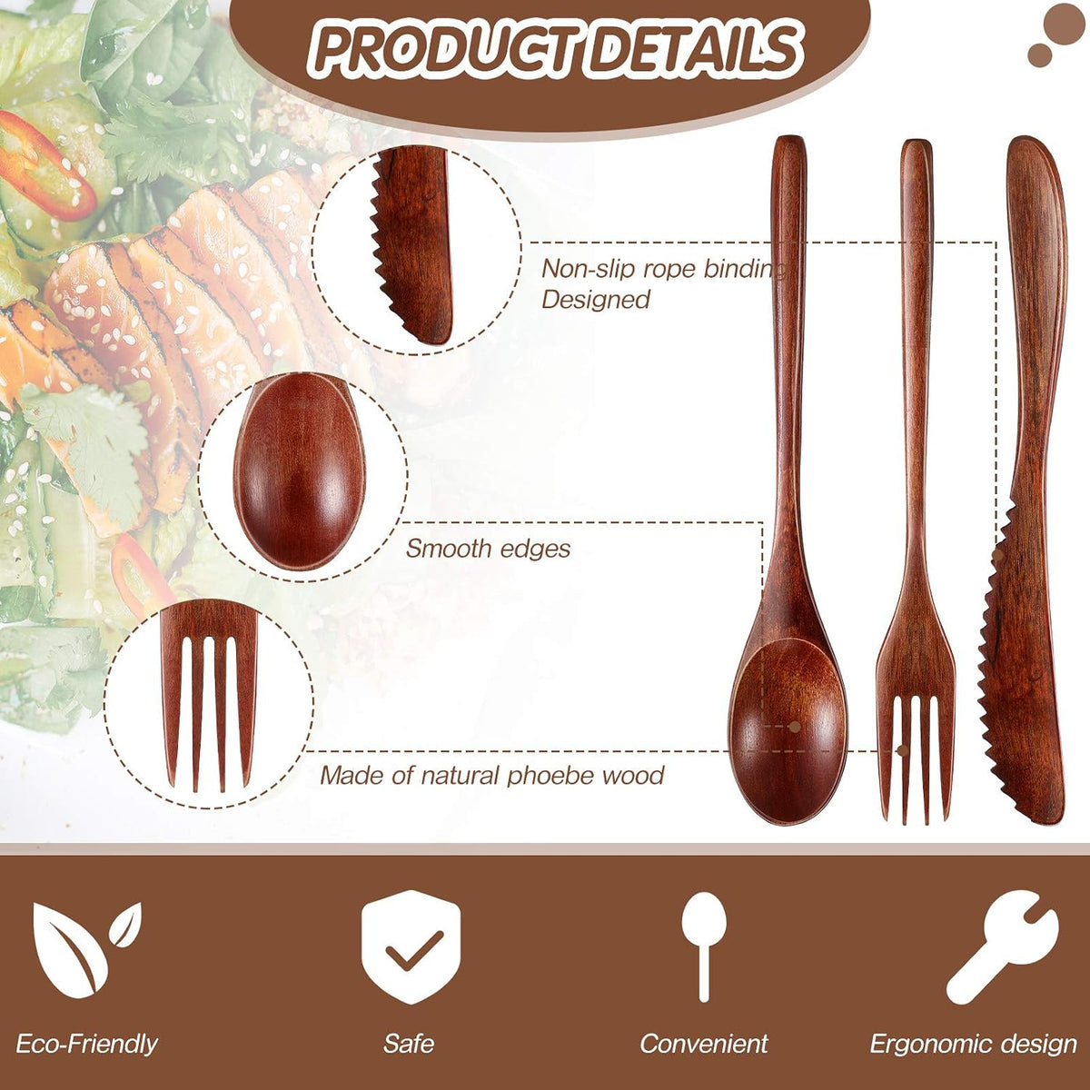 24 Pcs Wooden Utensils for Eating Wooden Spoon Fork Knife Set