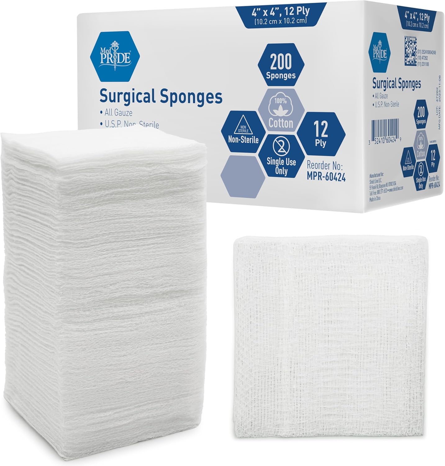 4”x 4” Gauze, 200 Surgical Sponges 12-ply Extra Absorbent | All-Gauze, Non-Sterile| Great for Wound Dressing