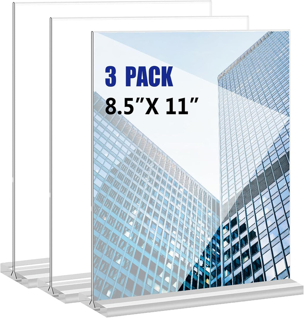Acrylic Sign Holder 8.5x11 Inches 3 Pack T Shape Desktop Display Stand Vertical Double Sided Clear Table Menu Flyer