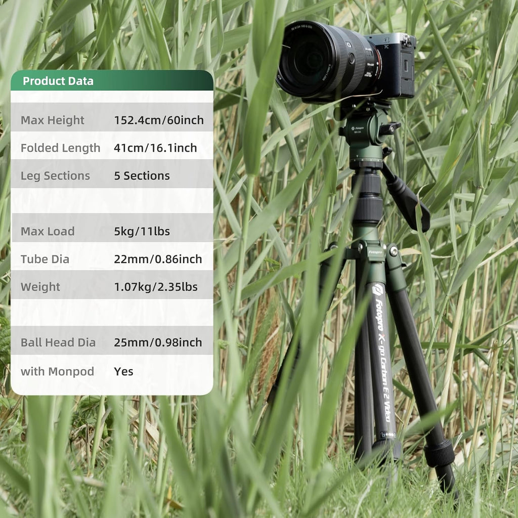 62" Carbon Fiber Travel Tripod, Lightweight Compact Video Tripods with Fluid Head, Detachable Monopod with Arca-Swiss