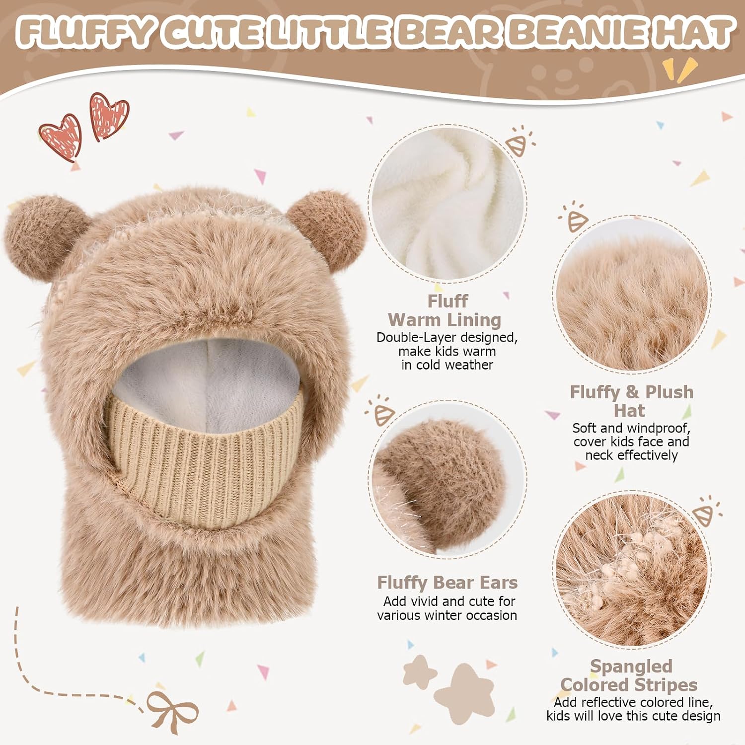 Kids Winter Hat Gloves Scarf Set- Kids Beanie Mask with Cute Bear Pom Warm Fleece- Neck Warmer Fleece Lined Set
