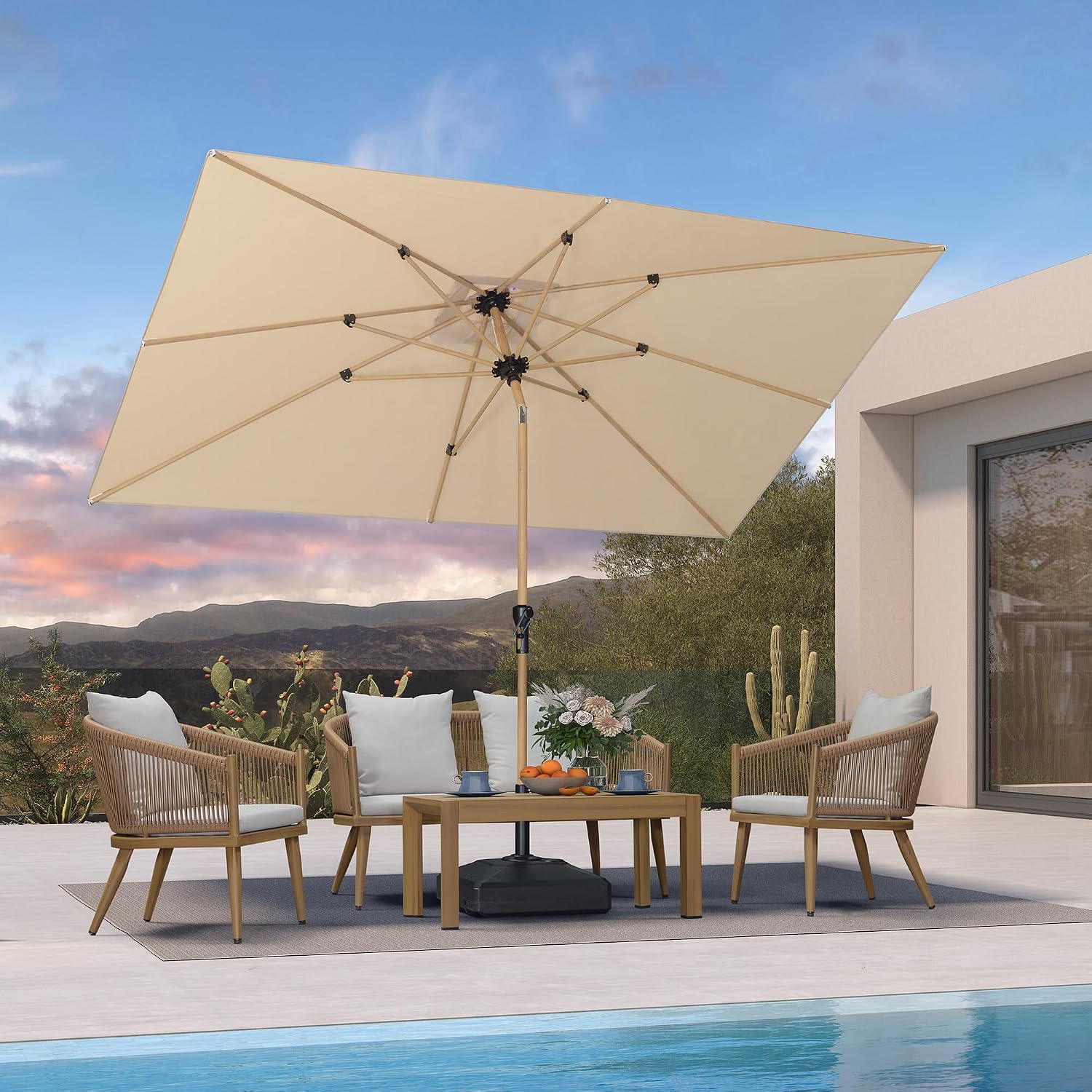 6.5' x 10' Outdoor Umbrella with Base Patio Umbrella Rectangular Outdoor Table Umbrella with Push Button Tilt & Crank