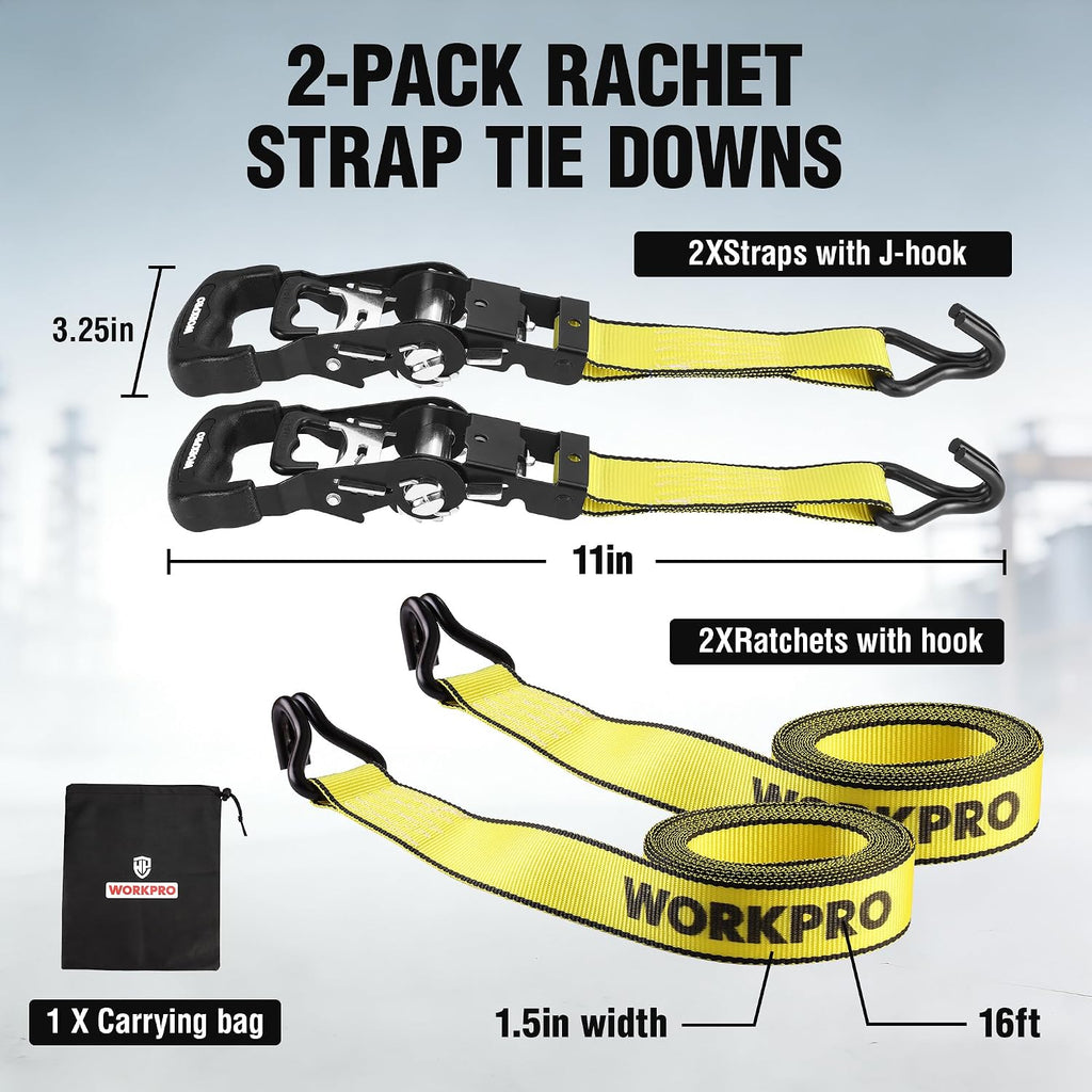 Ratchet Tie Down Straps, 2-Pack | 1.5" x 16' | 3300 lbs Break Strength Heavy Duty Ratchet Straps, Fits for Moving