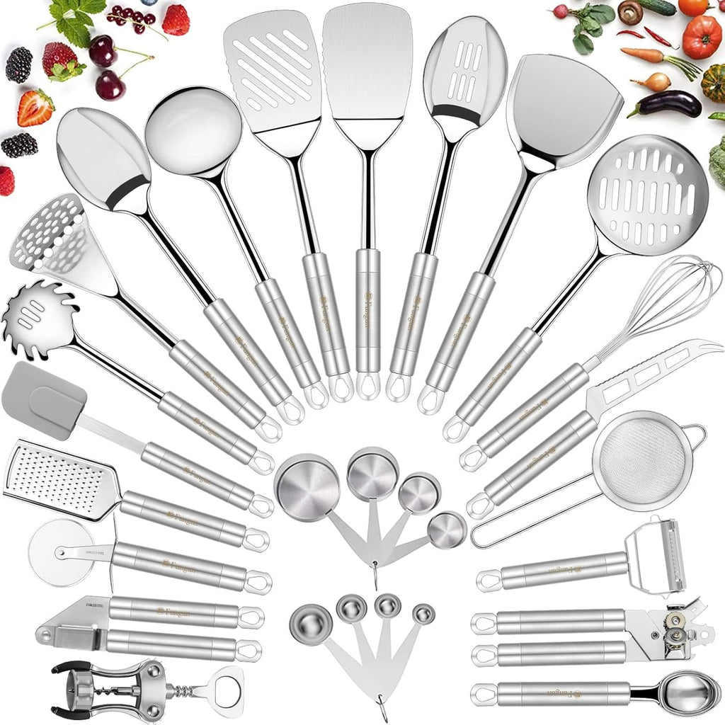 Stainless Steel Kitchen Utensil Set- Fungun 28 Pcs Cooking Nonstick Cookware Set with Spatula - Best Gadgets Tools