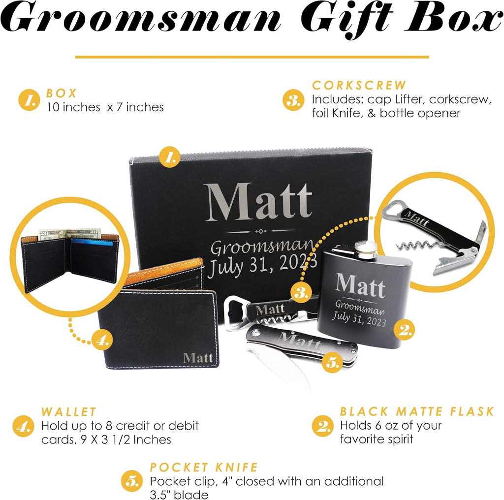 Custom Engraved and Personalized Groomsmen Box Set for Groomsman, Groom, Best Man - Monogrammed Wedding Party