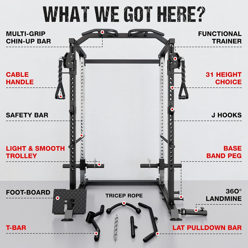 DP01 Power Cage, 2000LBS Squat Rack with Cable Crossover and Dual Independent Pulley System, Full Cage for Full Body