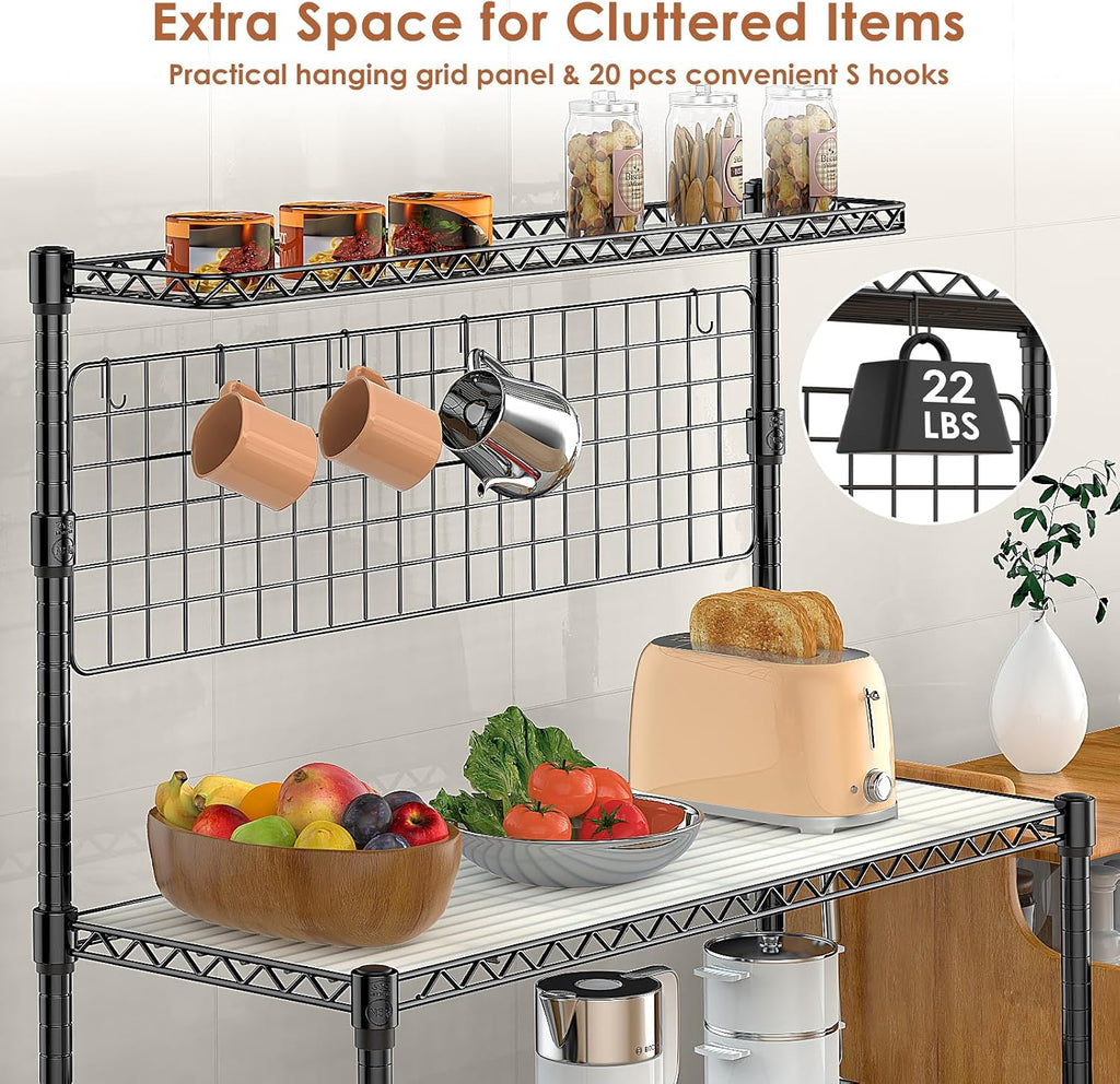 Bakers Rack with Storage & Wheels, 42In Microwave Stand Kitchen Shelves