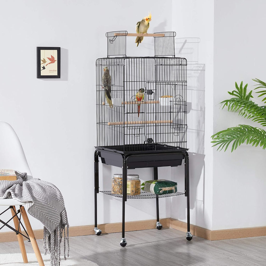 53.5" Open Top Parrot Bird Cage with Detachable Rolling Stand, Roof Play Flight Cage for Cockatiels, Sun Conures