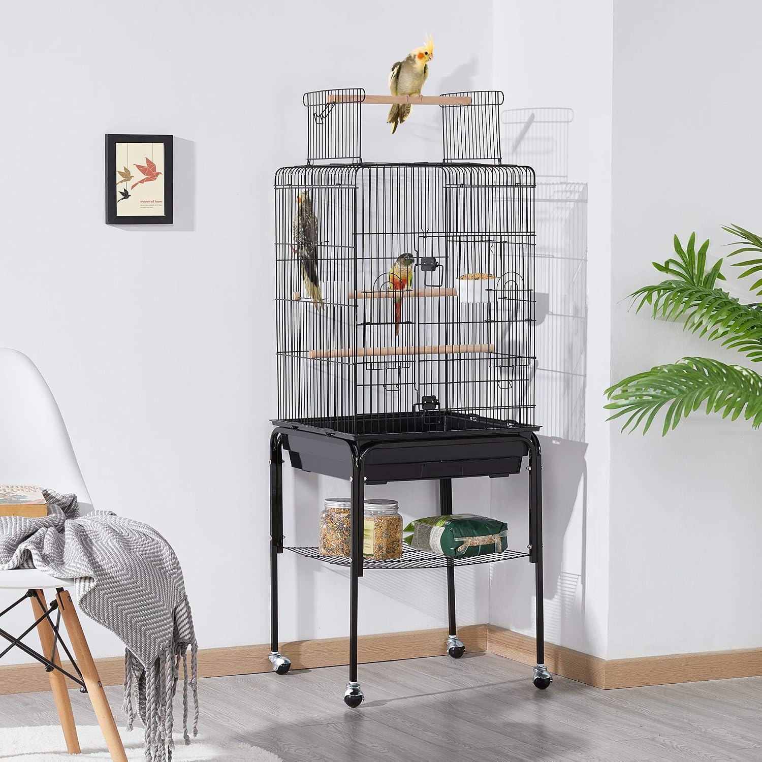 53.5" Open Top Parrot Bird Cage with Detachable Rolling Stand, Roof Play Flight Cage for Cockatiels, Sun Conures