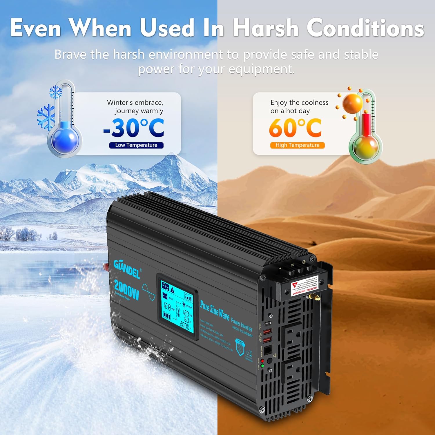 2000 Watt Pure Sine Wave Power Inverter 2000W 12V DC to 120 V AC Lithium Battery Compatible for RVs Off Grid Solar