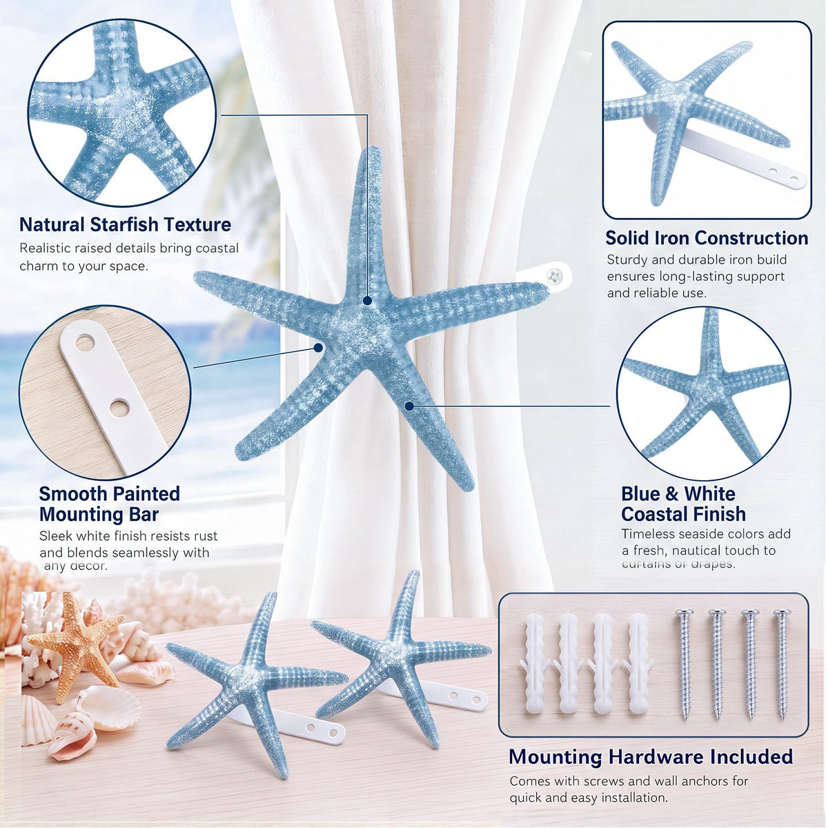2 Pcs Natural Starfish Curtain Tiebacks Coastal Curtain Holdbacks