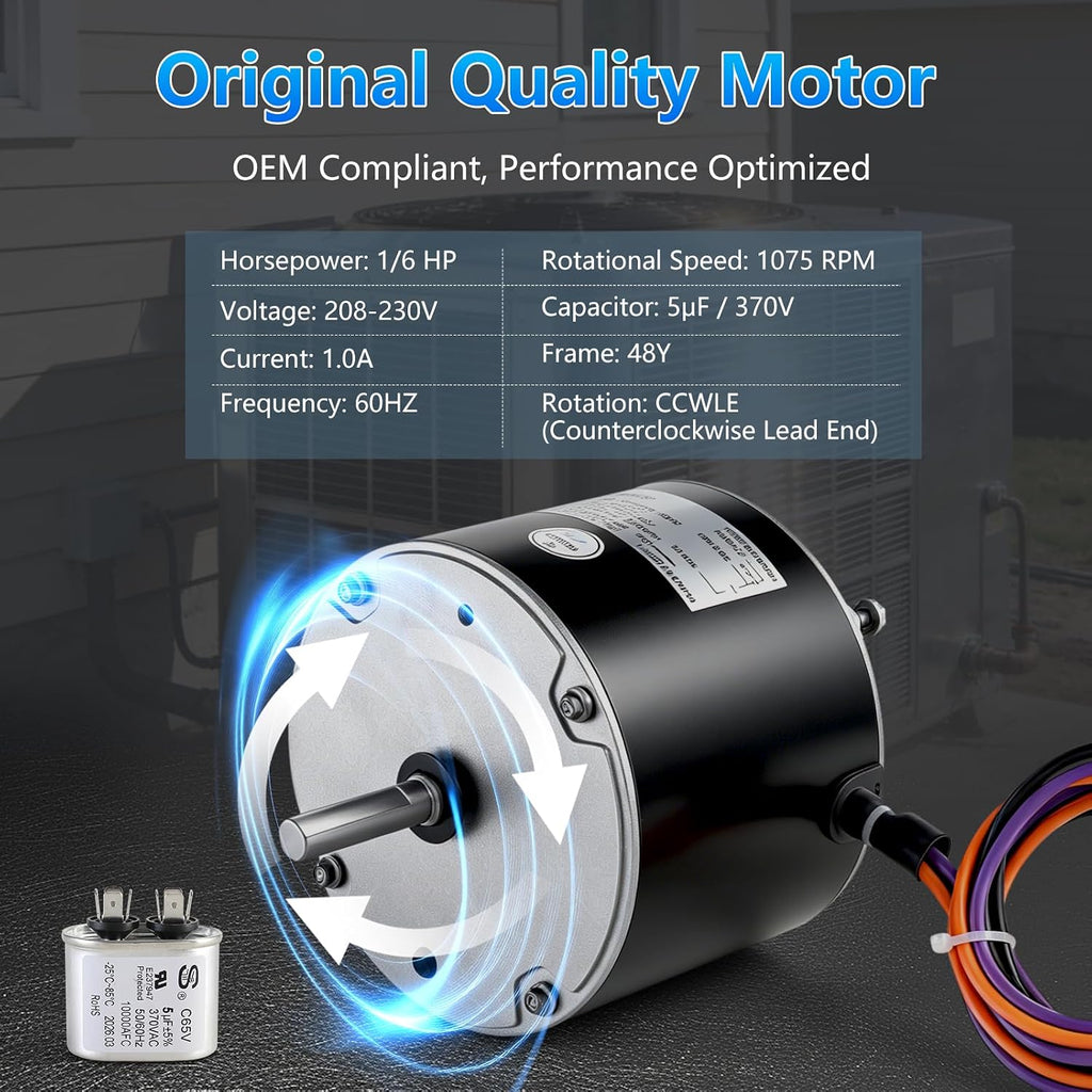 B13400251S B13400251 Condenser Fan Motor 1/6 HP 208-230V 1075 RPM Fan Motor | Replaces for Goodman Amana Janitrol