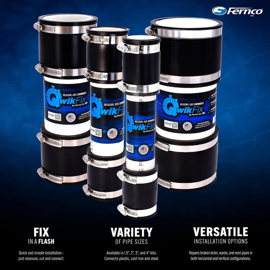 Fernco QwikFix Broken Pipe 4" Coupling Repair Kit for Plastic, Cast Iron and Steel Pipes in Black