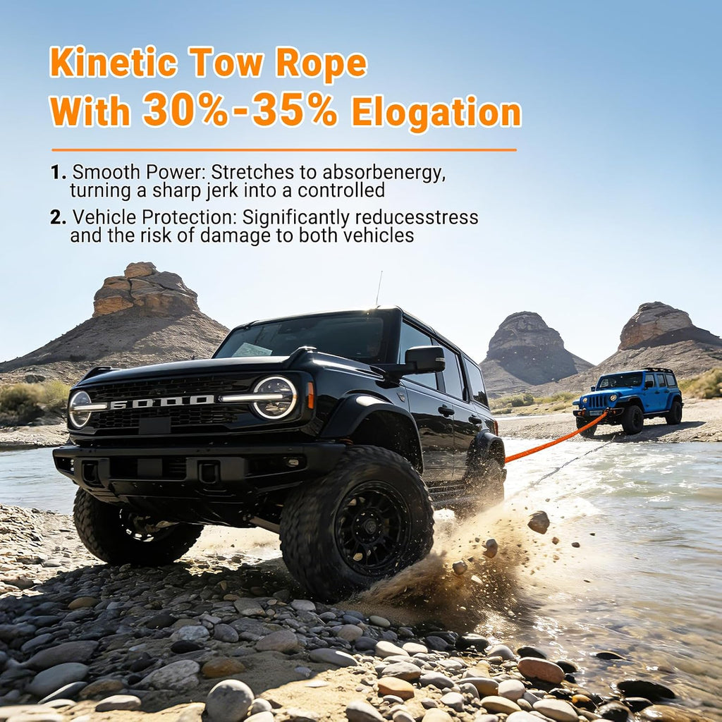 Kinetic Recovery Rope 7/8" x 30ft, 48600lbs Breaking Strength Kinetic Tow Rope,Heavy Duty Recovery Rope with 2pcs