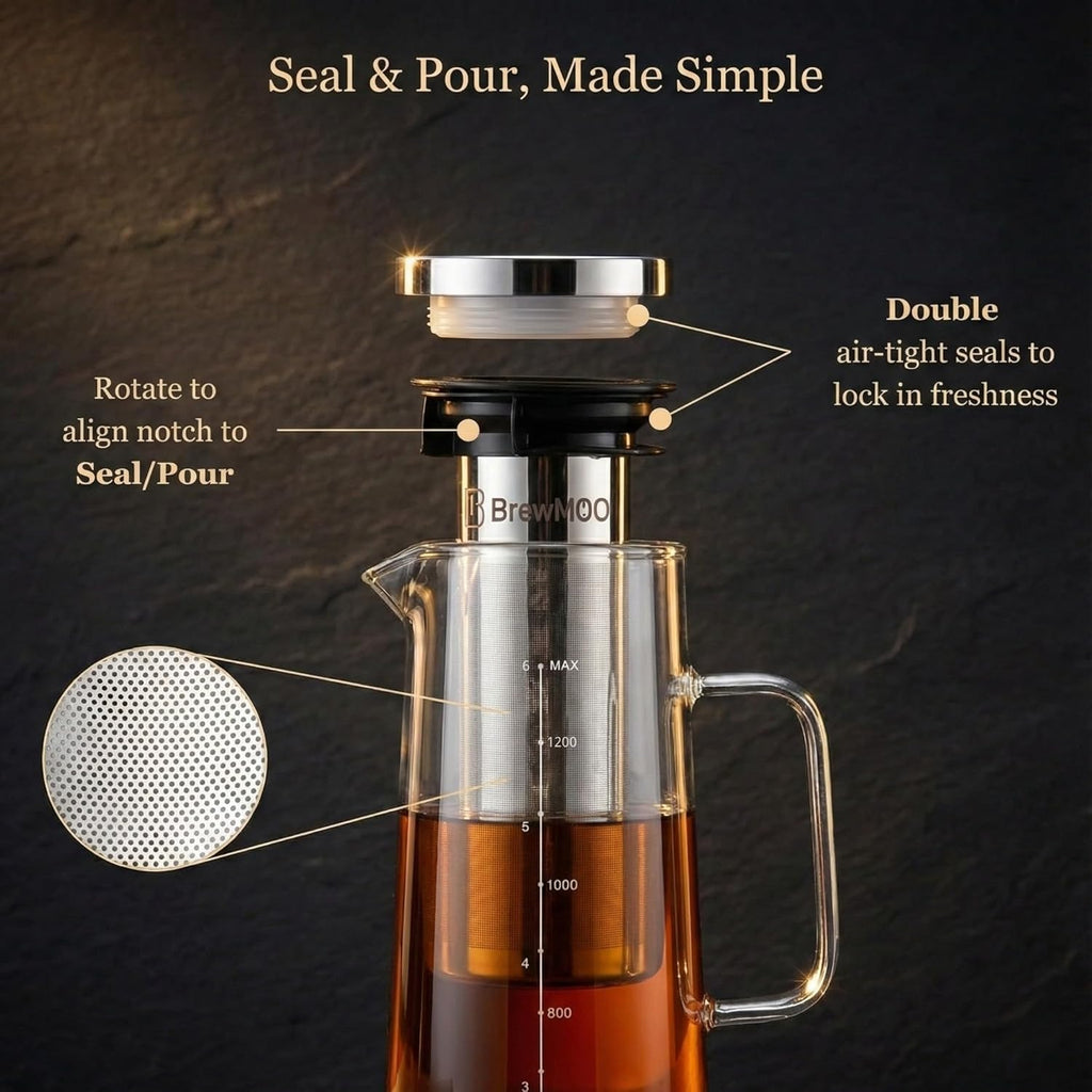 Airtight Cold Brew Coffee Maker Pitcher, 1.4L/48Oz Thick Glass Carafe with Filter, Comfort Sturdy Handle & Wide