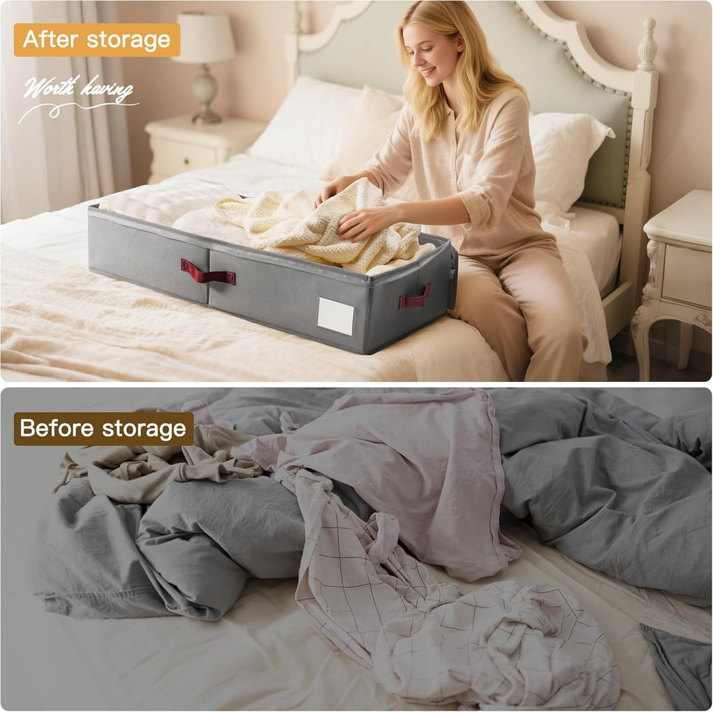 Under Bed Storage Bins with Clear PVC Lids – 2 Pack Large Underbed Organizers with Heavy-Duty Handles, Reinforced