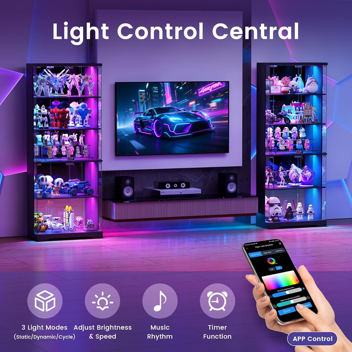 Glass Display Cabinet with Doors and RGB LED Lights | 69" Tall Curio Cabinet, 5-Tier Wooden Shelves, Lockable Display