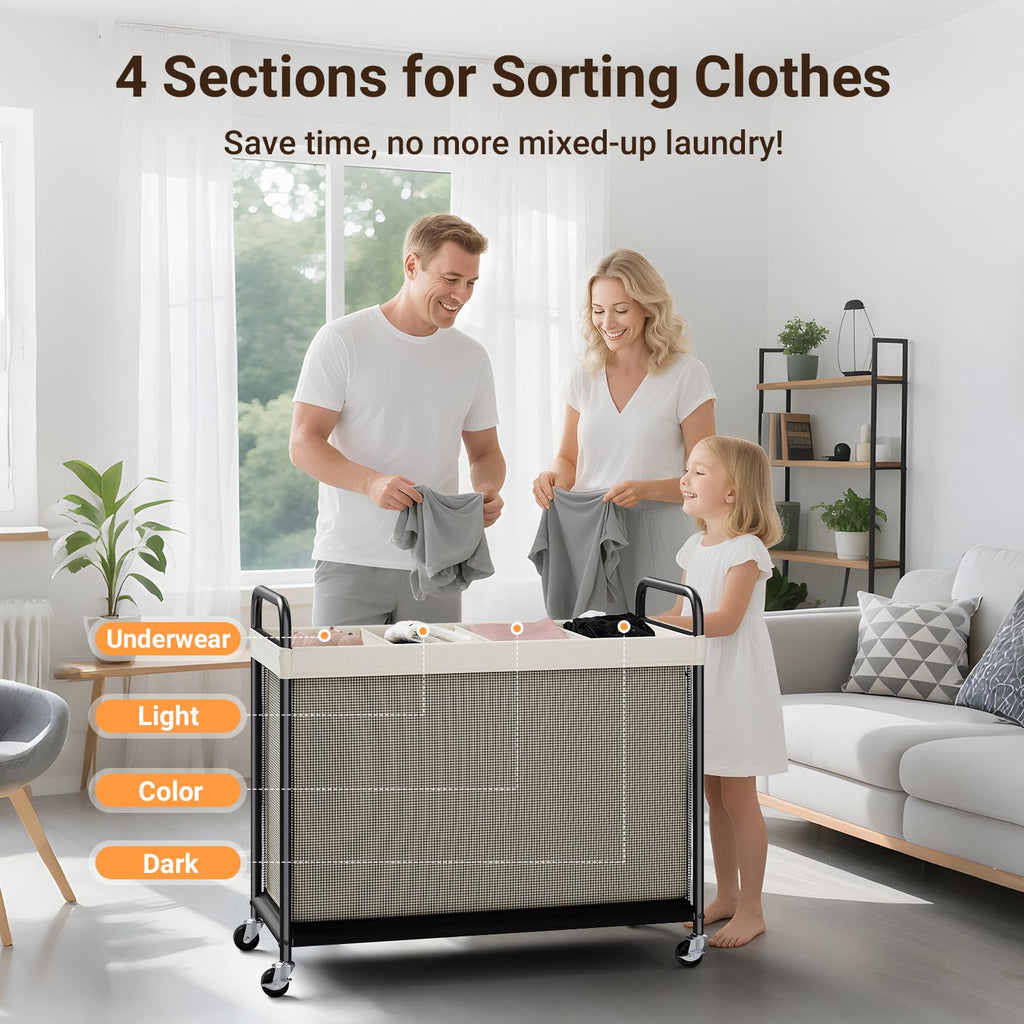 Laundry Hamper 4 Section, 140L Rolling Laundry Sorter with Wheels