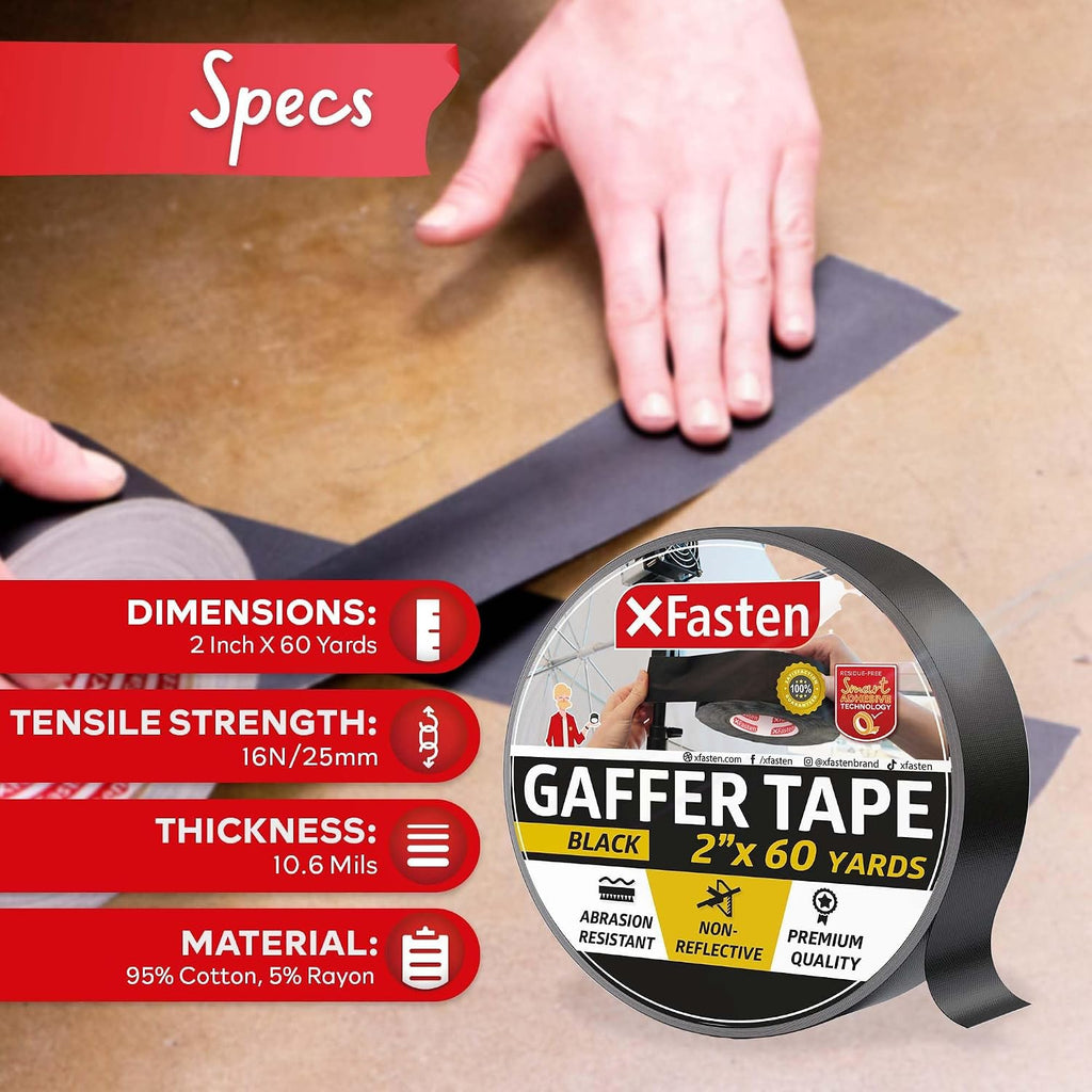 Black Gaffers Tape 2 Inch x 60 Yards (180 Feet) Residue-Free Matte Black Gaff Tape 2 Inch, Non-Reflective