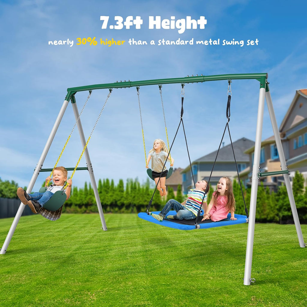 7.3ft Tall Heavy Duty Swing Set, 3 Swings Metal Swing Sets for Backyard, Big Kids Playset for Playground Outdoor