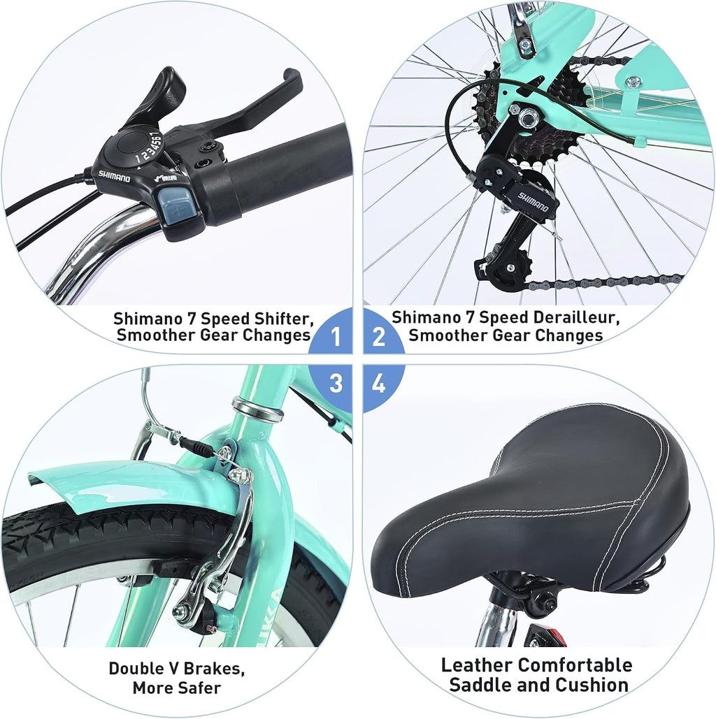 Beach Cruiser Bike 26inch Wheel Bike 7 Speed Driven System V-Brake Comfortable Commuter Bike for Women Men Senior