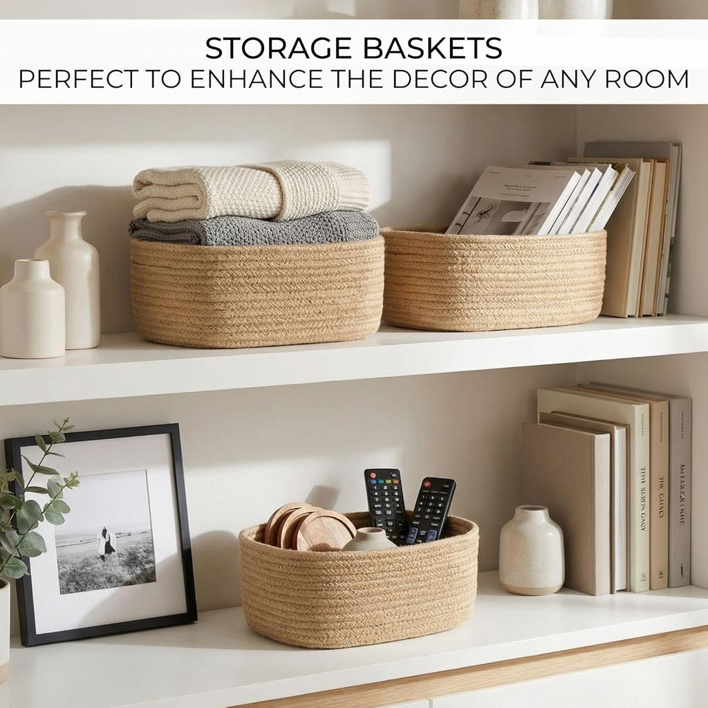Beautiful Storage Basket Set of 3 - Sturdy Jute Rope Baskets for Shelves Are Perfect for Organizing Your Home