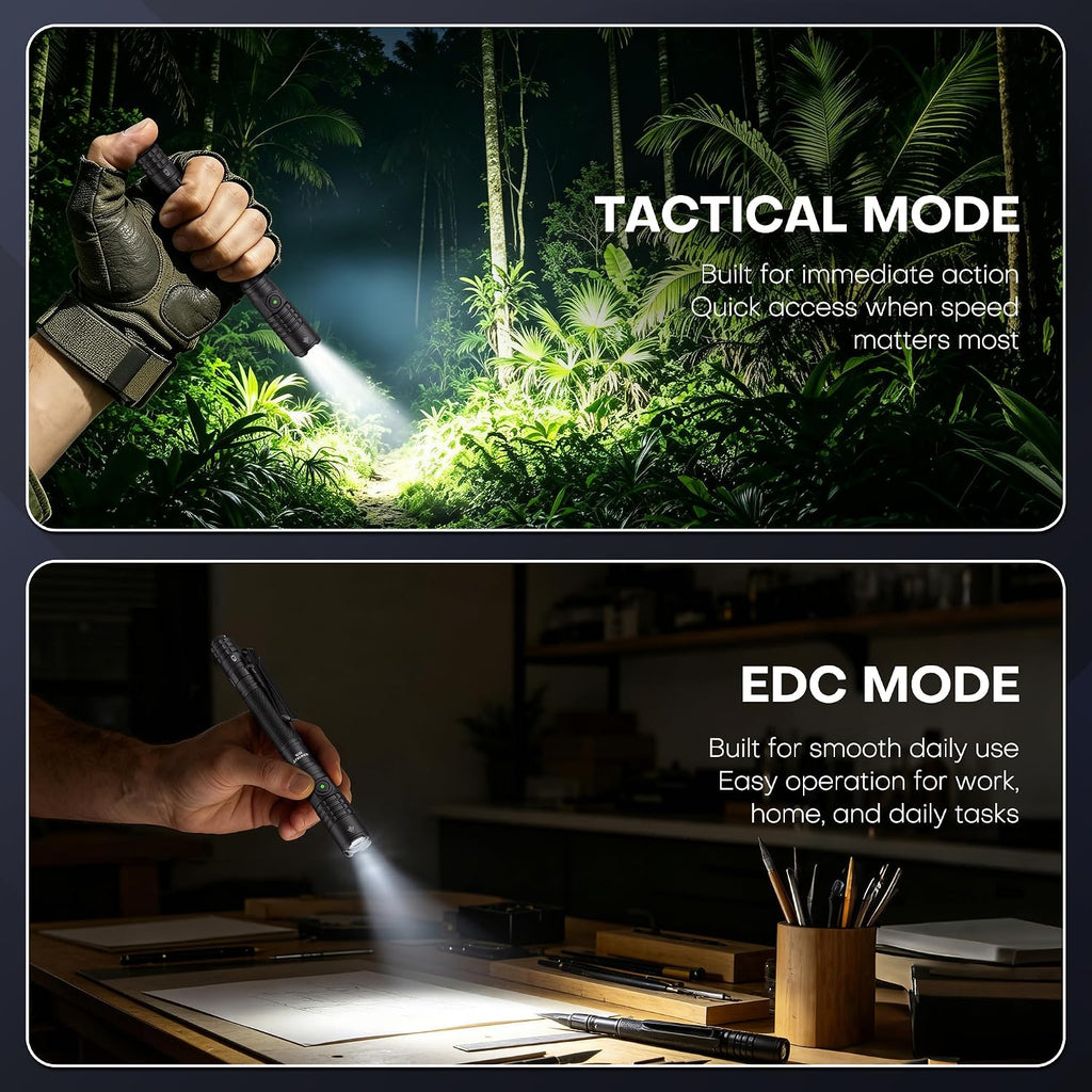 EDC Tactical Flashlight Rechargeable,Dual Modes 1500 High Lumens Pen Flashlight, Dual Switch Pocket LED Flashlight