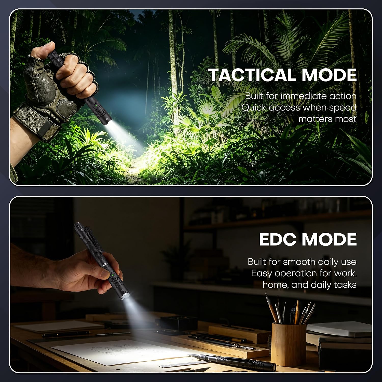 EDC Tactical Flashlight Rechargeable,Dual Modes 1500 High Lumens Pen Flashlight, Dual Switch Pocket LED Flashlight