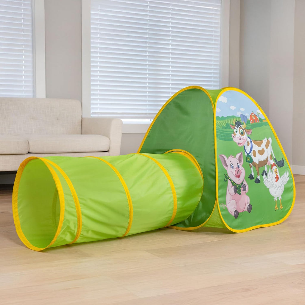 2 in 1 Pop Up Tent & Tunnel for Kids Ages 2+, Indoor & Outdoor Playhouse with Double Sided John Deere Graphics