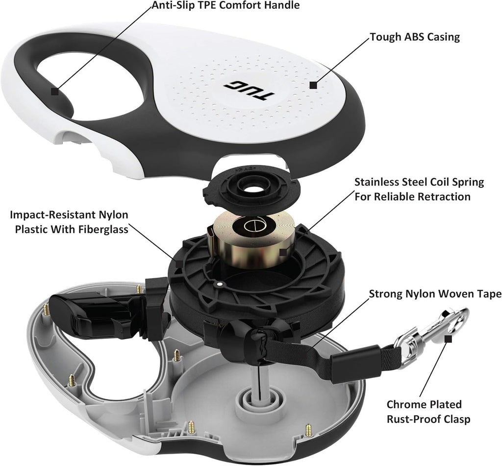360° Tangle-Free Retractable Dog Leash | 16 ft Strong Nylon Tape | One-Handed Brake, Pause, Lock (Medium, White)