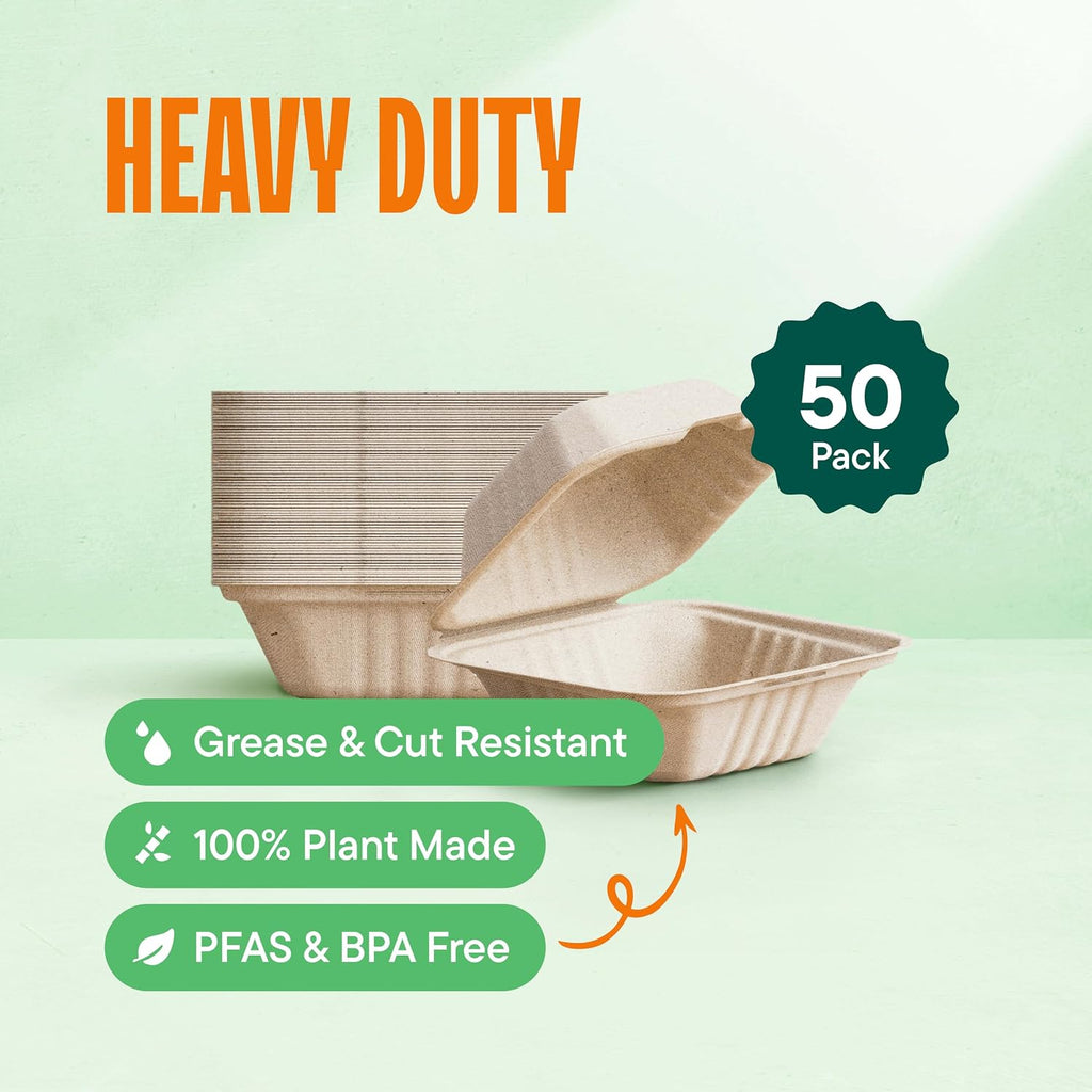 100% Compostable Clamshell Take Out Food Containers [6x6" 50-Pack] Heavy-Duty Quality to go Containers, Natural