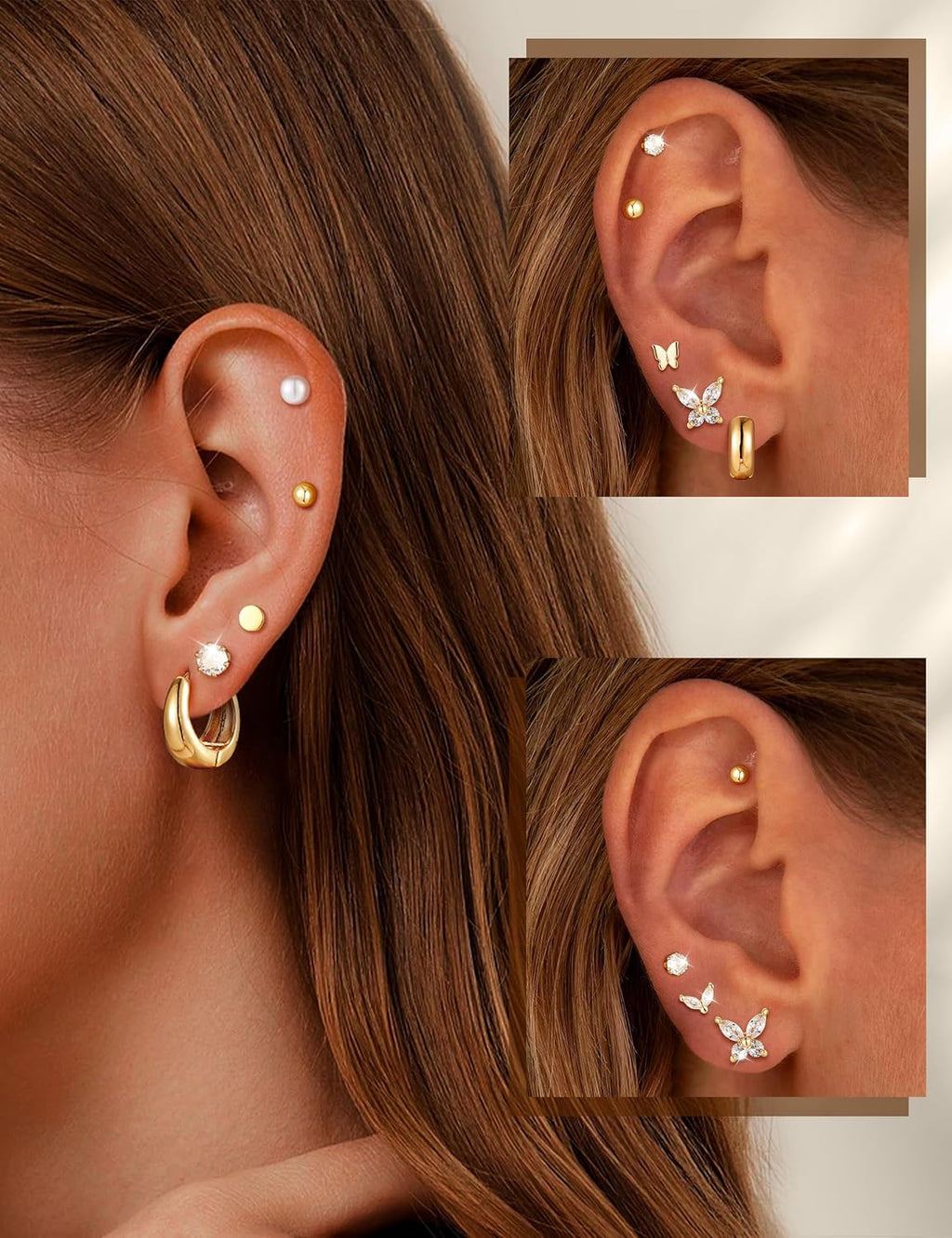 Small Gold Stud Earrings Set for Women - 14K Gold Plated CZ Huggie Hoops Hypoallergenic Earrings Dainty Flower Heart