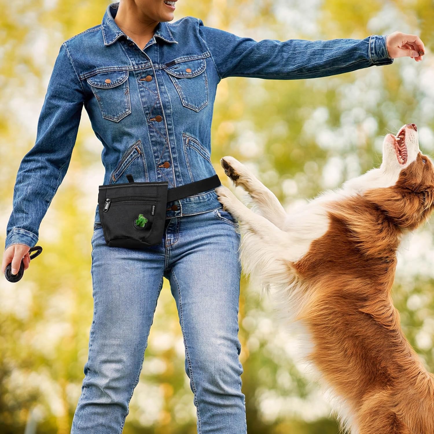 Dog Treat Pouch and Training Clicker, Upgrade Two Magnetic Closure to Prevent Spills, 2 Cup Treat Bag with Poop Bag