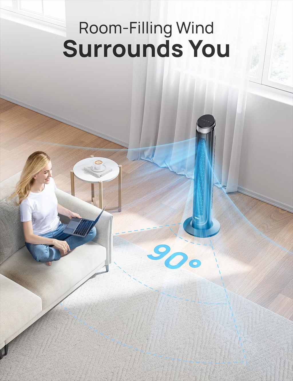 Tower Fan for Bedroom, 90° Oscillating Fans that Blow Cold Air | 26 ft/s Powerful Airflow, 28dB Quiet Fan, 5 Speeds