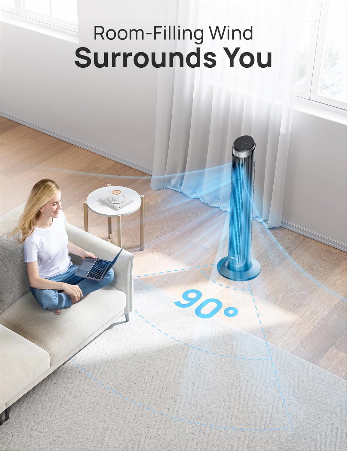 Tower Fan for Bedroom, 90° Oscillating Fans that Blow Cold Air | 26 ft/s Powerful Airflow, 28dB Quiet Fan, 5 Speeds