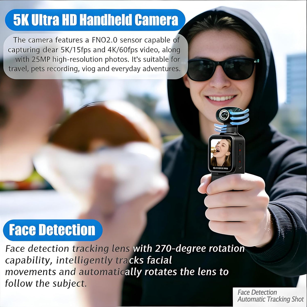 5K Handheld Vlogging Camera with Touch Screen,WiFi Pocket Action Camera with stabilization,Automatic Rotating