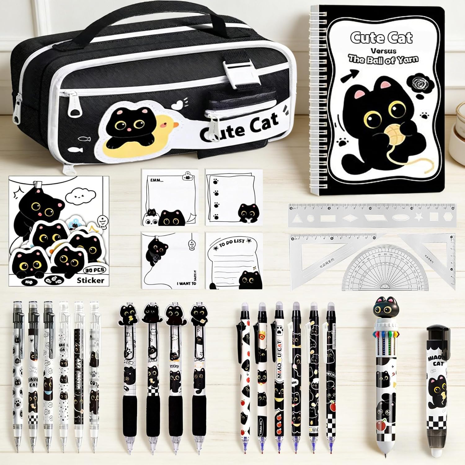 Black Cute Cat Stationery Set,School Supplies with Sticky Notes,Pencils | Kawaii Cat Design Includes